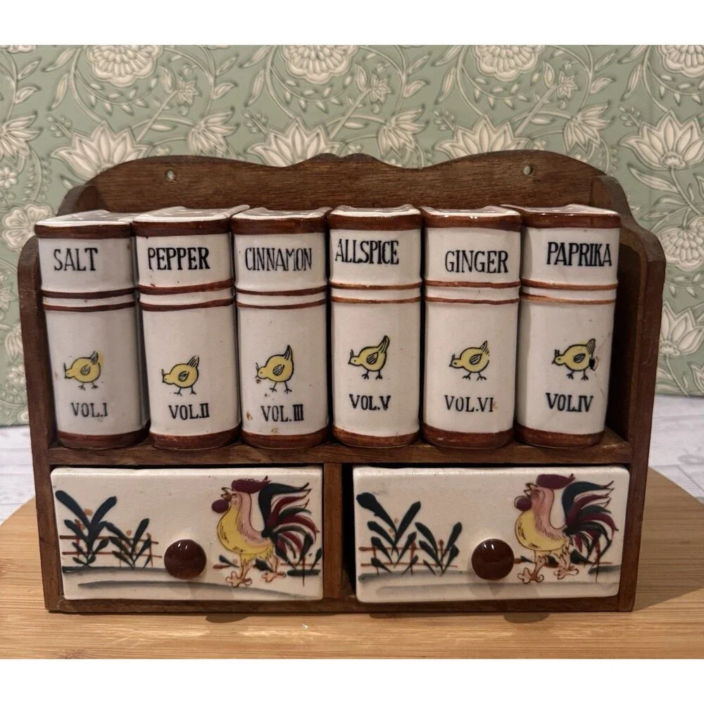 VTG Spice Set Chick Rooster Wood Rack Fred Roberts Japan 6 Shakers 2 Spice Boxes